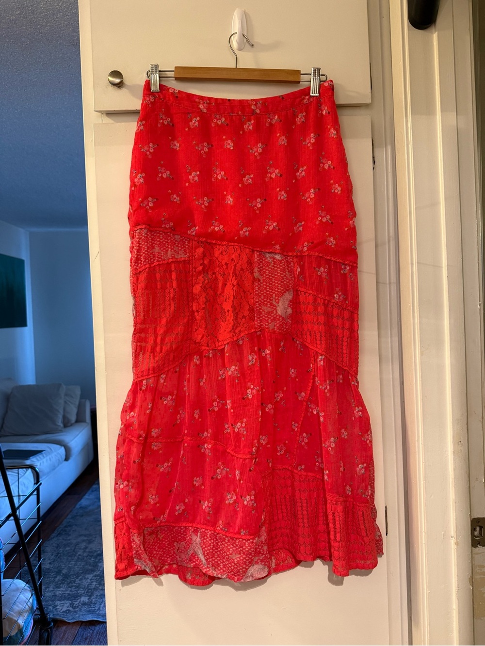 Free people patchwork boho fall tiered red skirt unique